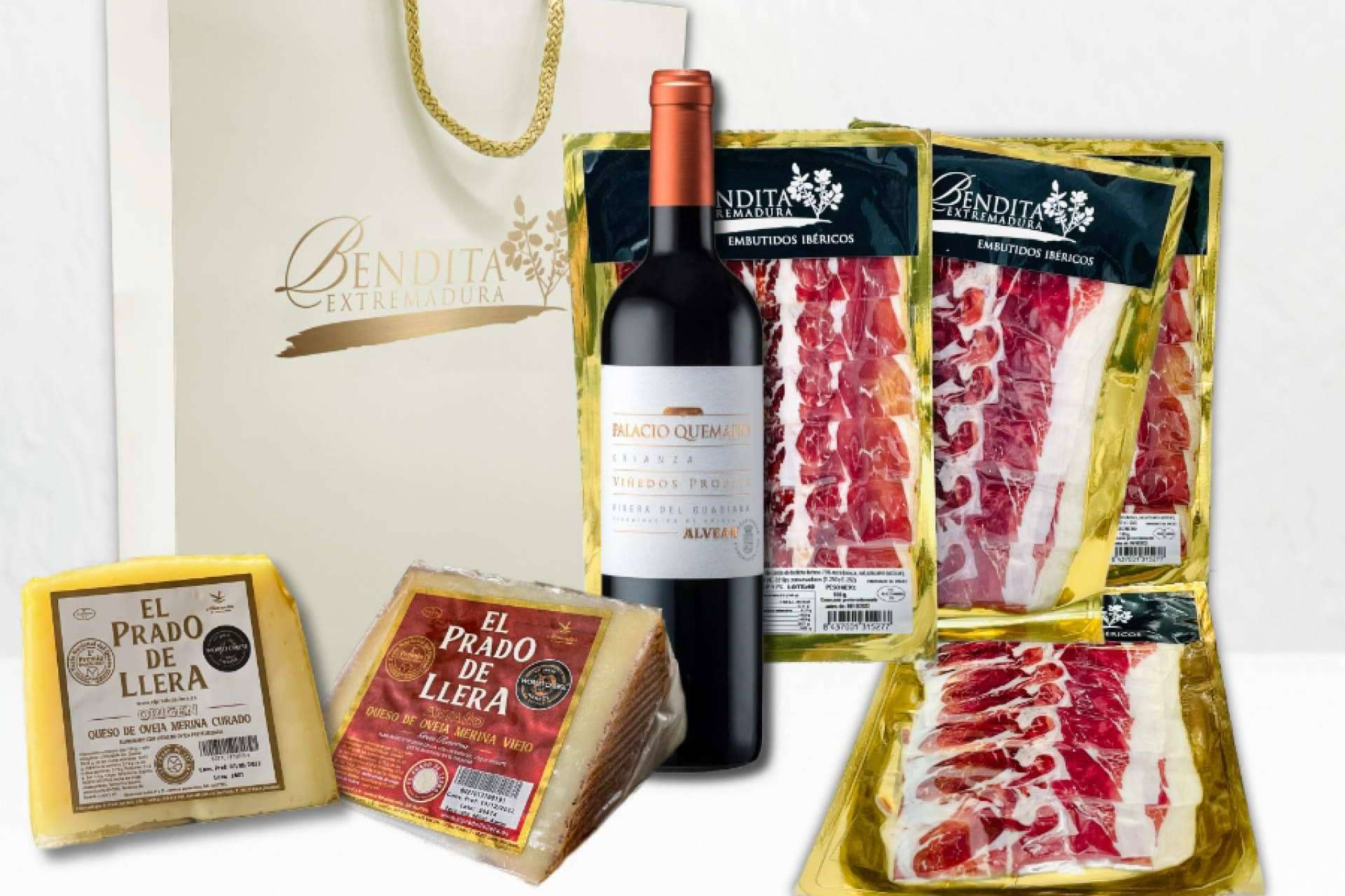 Gran variedad de productos en las cestas gourmet de Bendita Extramadura